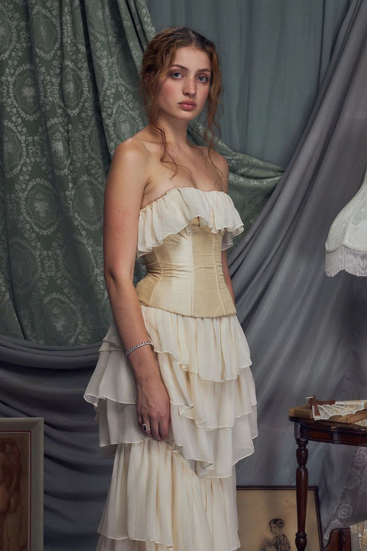 LINOR strapless ruffle mesh-design maxi dress with a corset