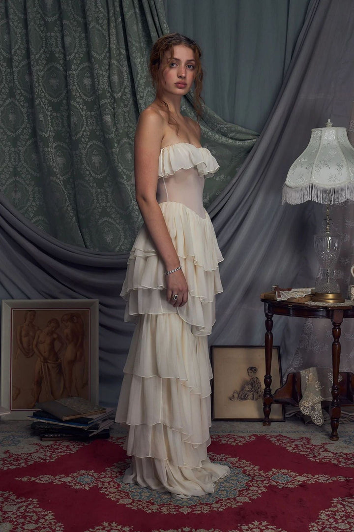 LINOR strapless ruffle mesh-design maxi dress with a corset