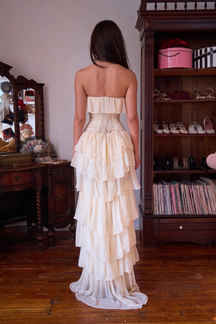 LINOR strapless ruffle mesh-design maxi dress with a corset