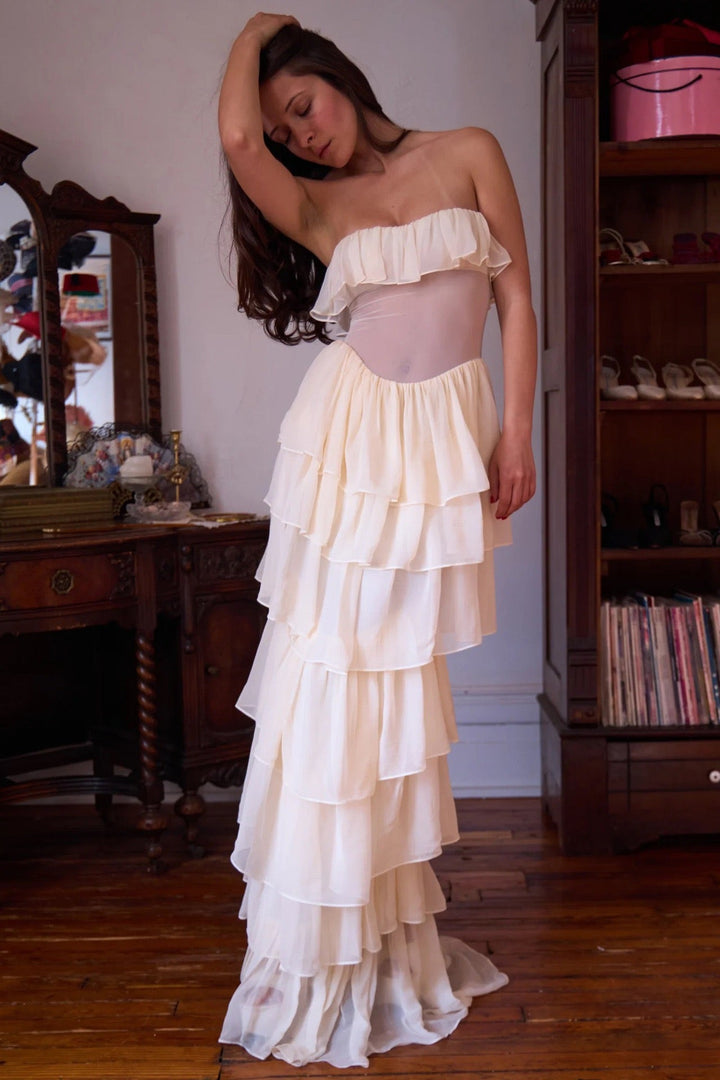 LINOR strapless ruffle mesh-design maxi dress with a corset