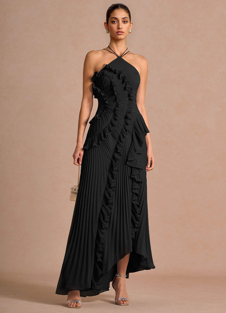Larina elegant ruffle and pleated maxi dress