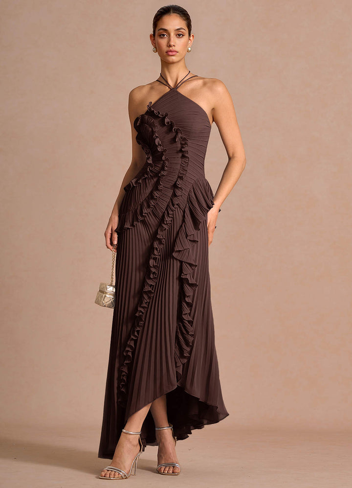 Larina elegant ruffle and pleated maxi dress