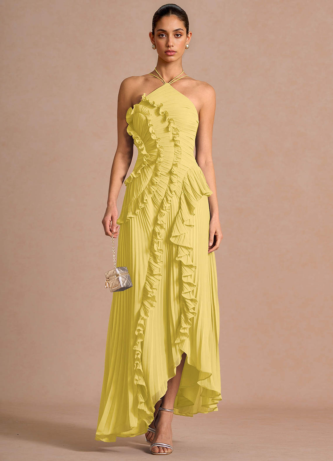 Larina elegant ruffle and pleated maxi dress