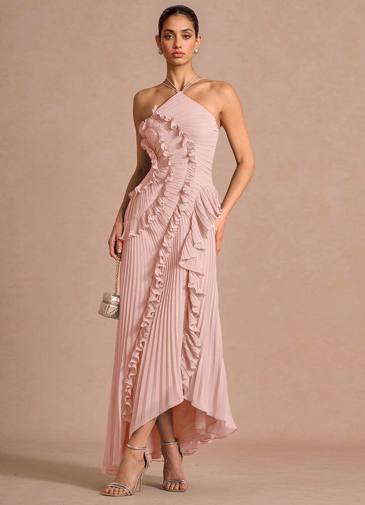 Larina elegant ruffle and pleated maxi dress