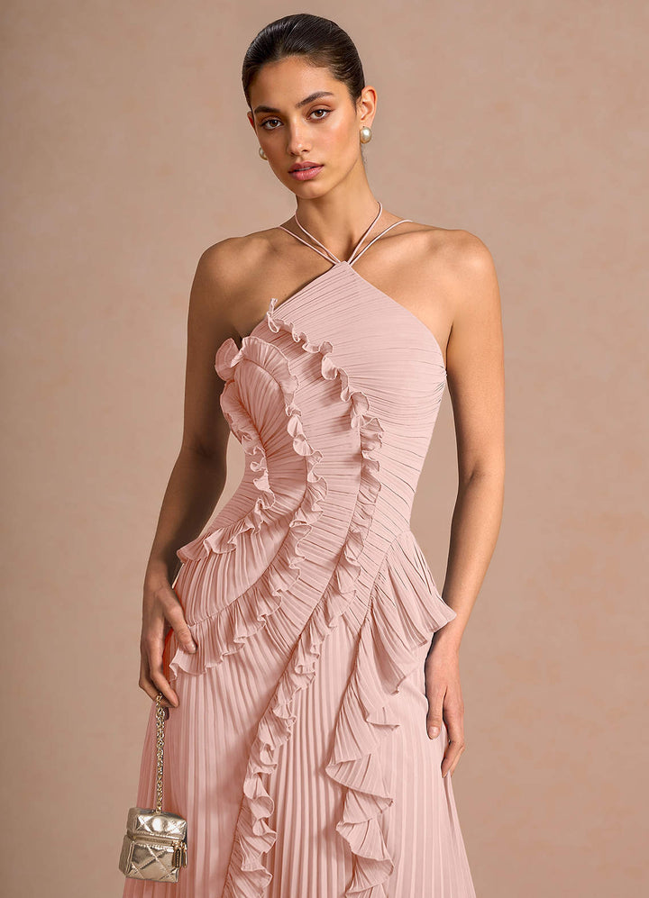 Larina elegant ruffle and pleated maxi dress