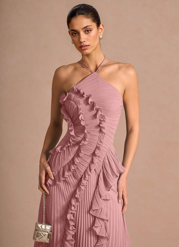 Larina elegant ruffle and pleated maxi dress