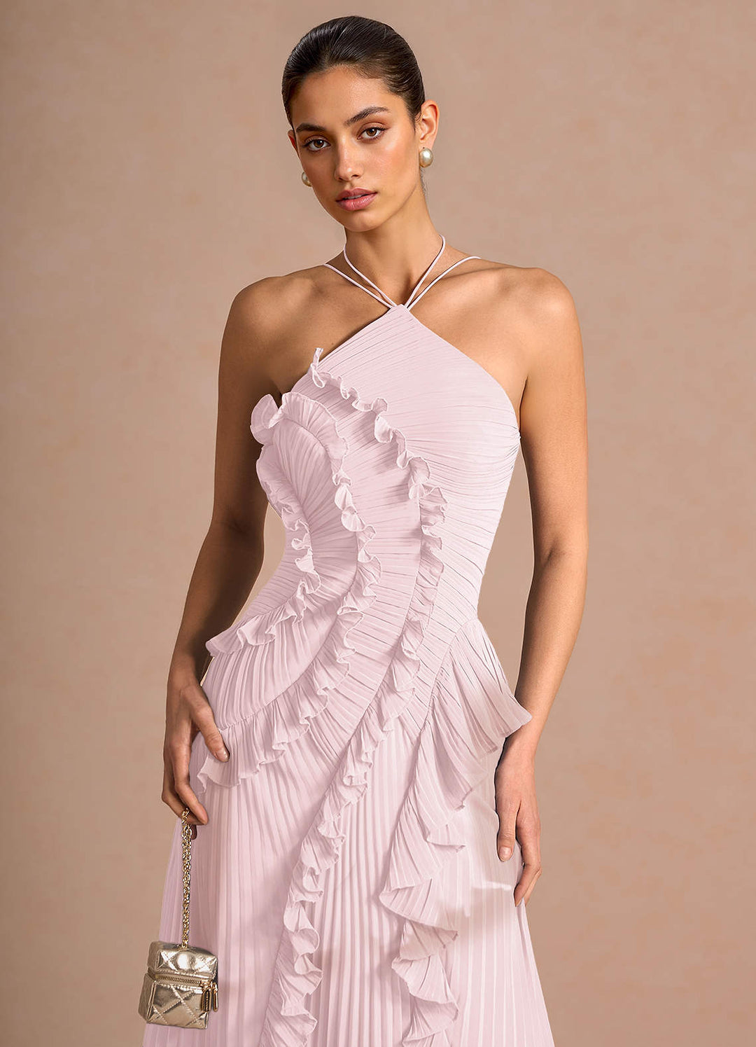 Larina elegant ruffle and pleated maxi dress