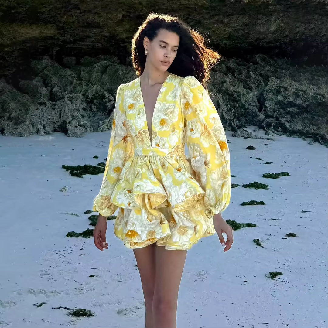 Floral Ruffled Mini Dress with Tiered Design - MIEL