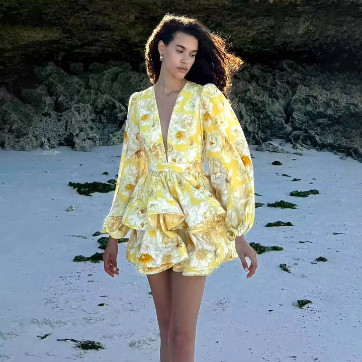 Floral Ruffled Mini Dress with Tiered Design - MIEL