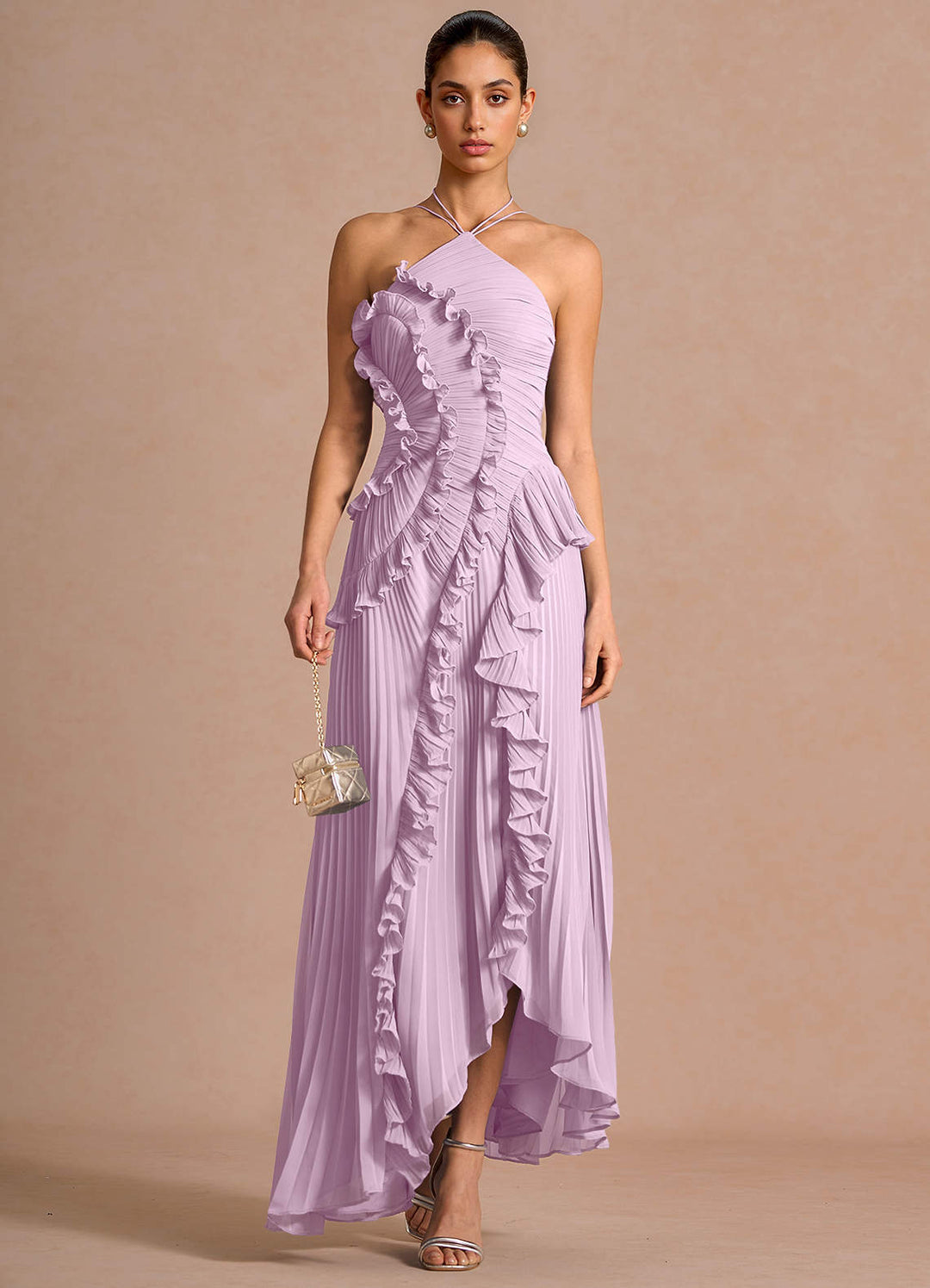 Larina elegant ruffle and pleated maxi dress