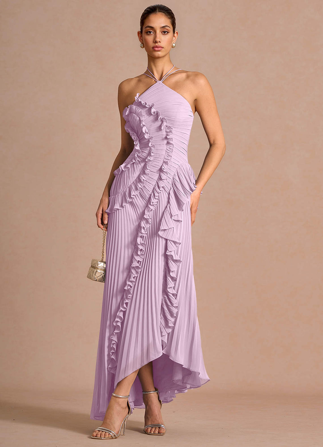 Larina elegant ruffle and pleated maxi dress