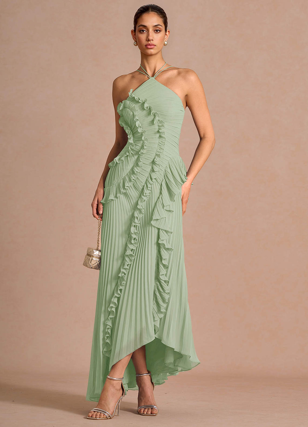 Larina elegant ruffle and pleated maxi dress