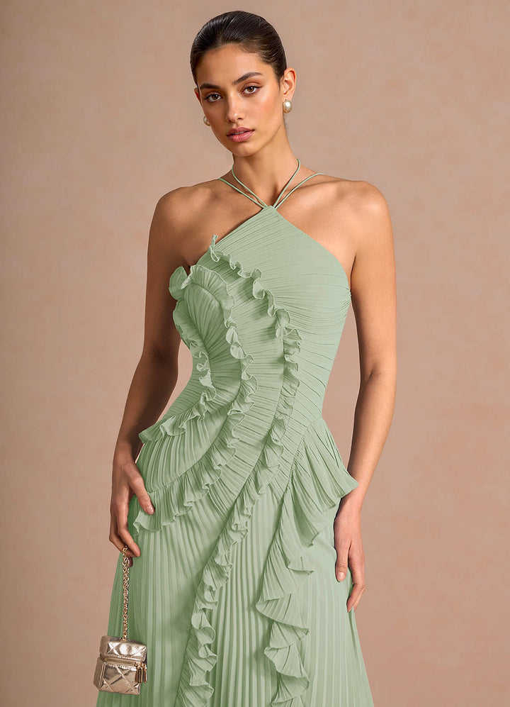 Larina elegant ruffle and pleated maxi dress