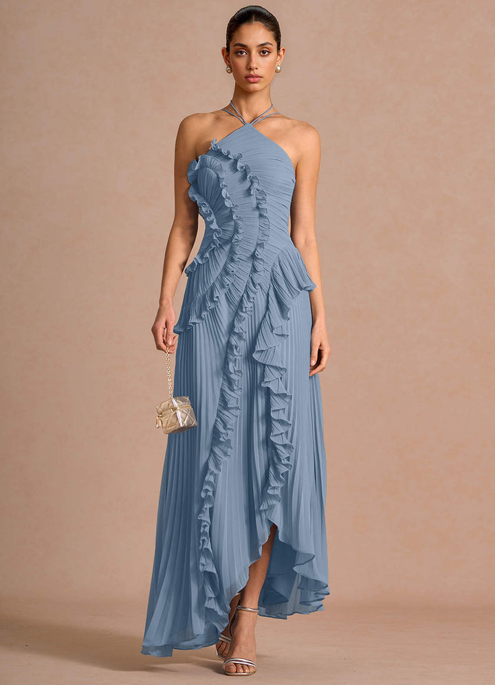 Larina elegant ruffle and pleated maxi dress