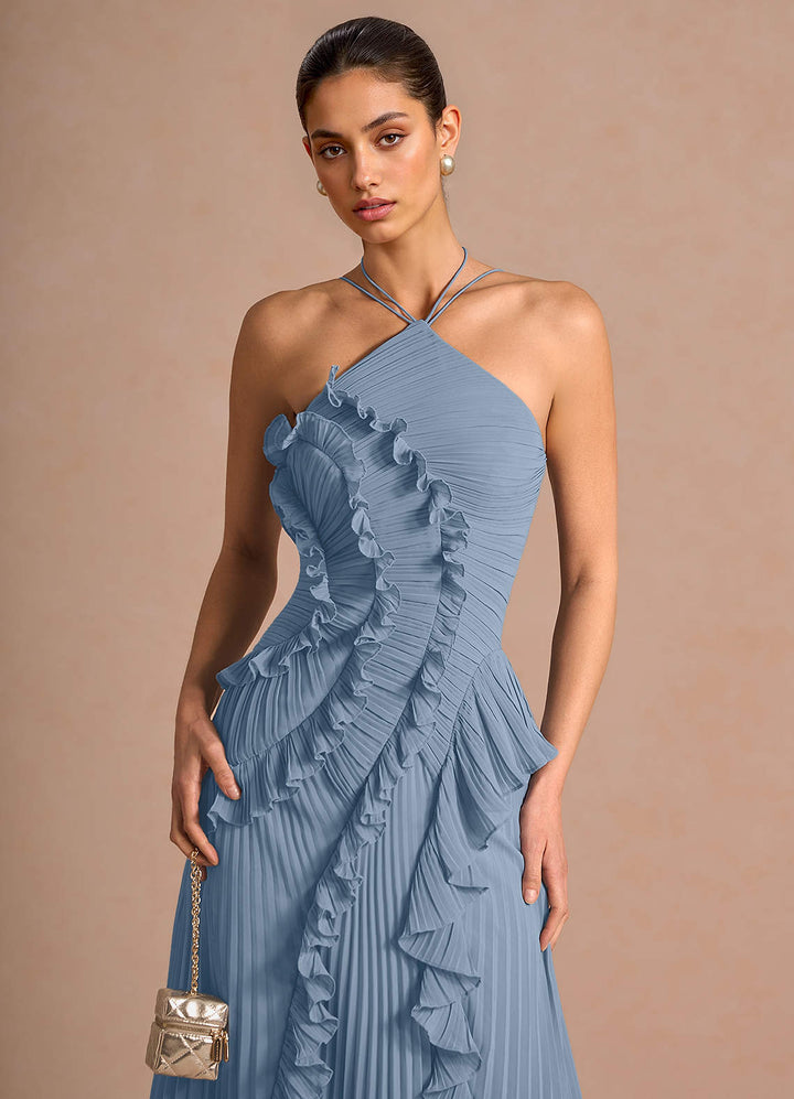 Larina elegant ruffle and pleated maxi dress