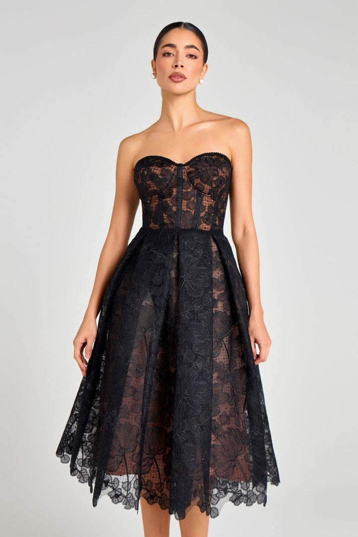 Rosalie strapless midi dress with a shiny floral embroidery design