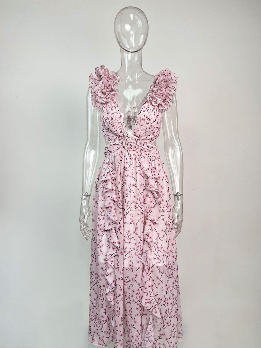 Boho-chic floral ruffle maxi dress with a slit and belt – Hali