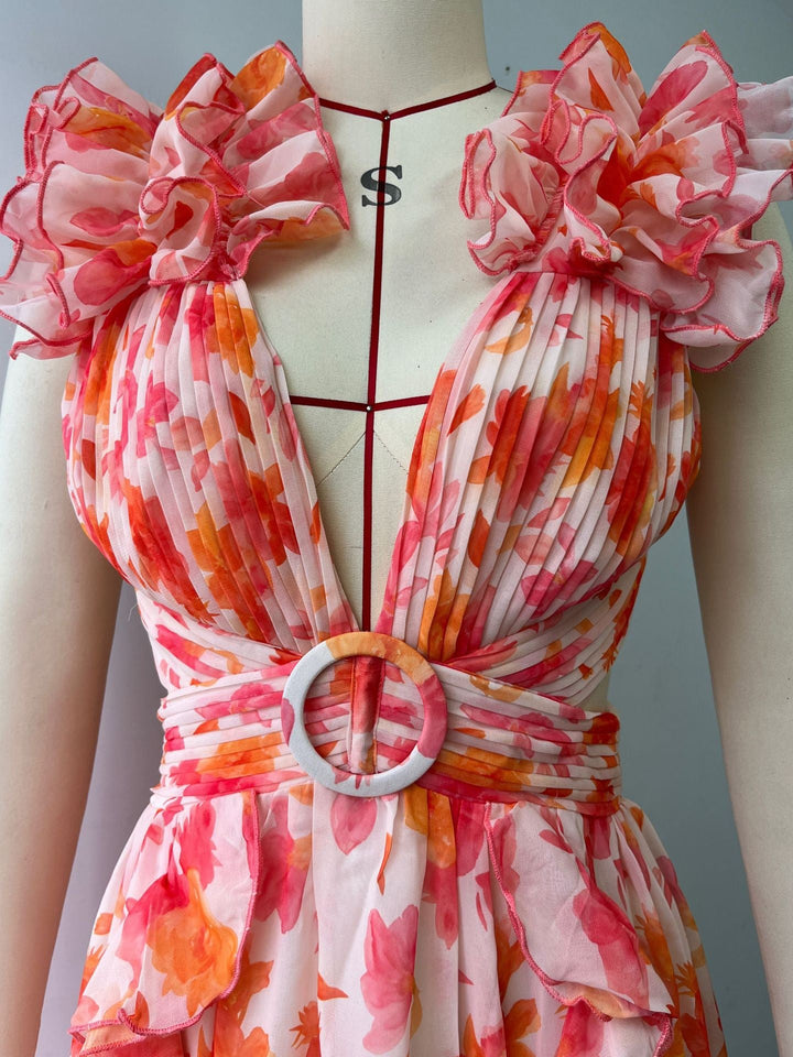 Boho-chic floral ruffle maxi dress with a slit and belt – Hali