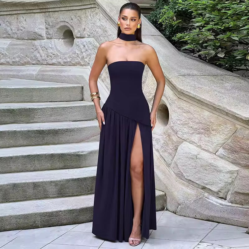 Strapless Maxi Dress with Chiffon Bottom, Slit Design, and Matching Scarf Detail - Princess