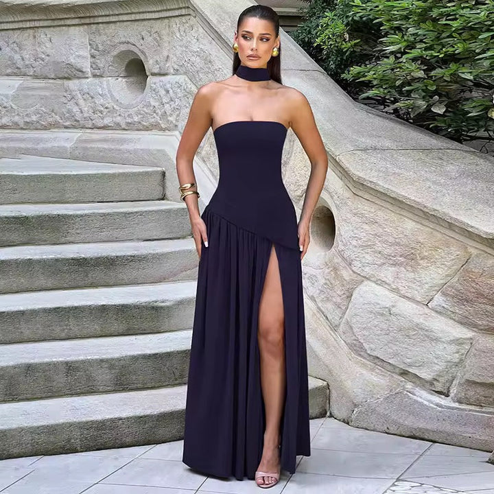 Strapless Maxi Dress with Chiffon Bottom, Slit Design, and Matching Scarf Detail - Princess