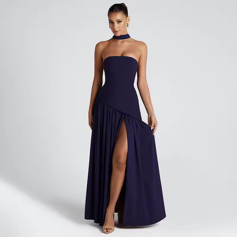 Strapless Maxi Dress with Chiffon Bottom, Slit Design, and Matching Scarf Detail - Princess
