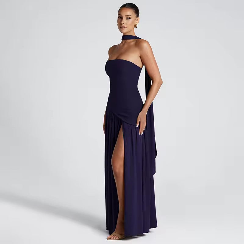 Strapless Maxi Dress with Chiffon Bottom, Slit Design, and Matching Scarf Detail - Princess