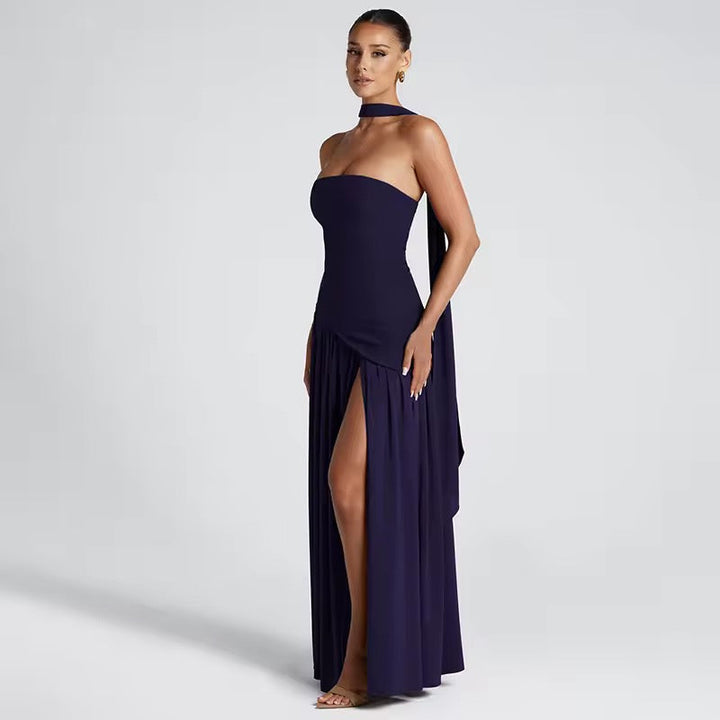 Strapless Maxi Dress with Chiffon Bottom, Slit Design, and Matching Scarf Detail - Princess