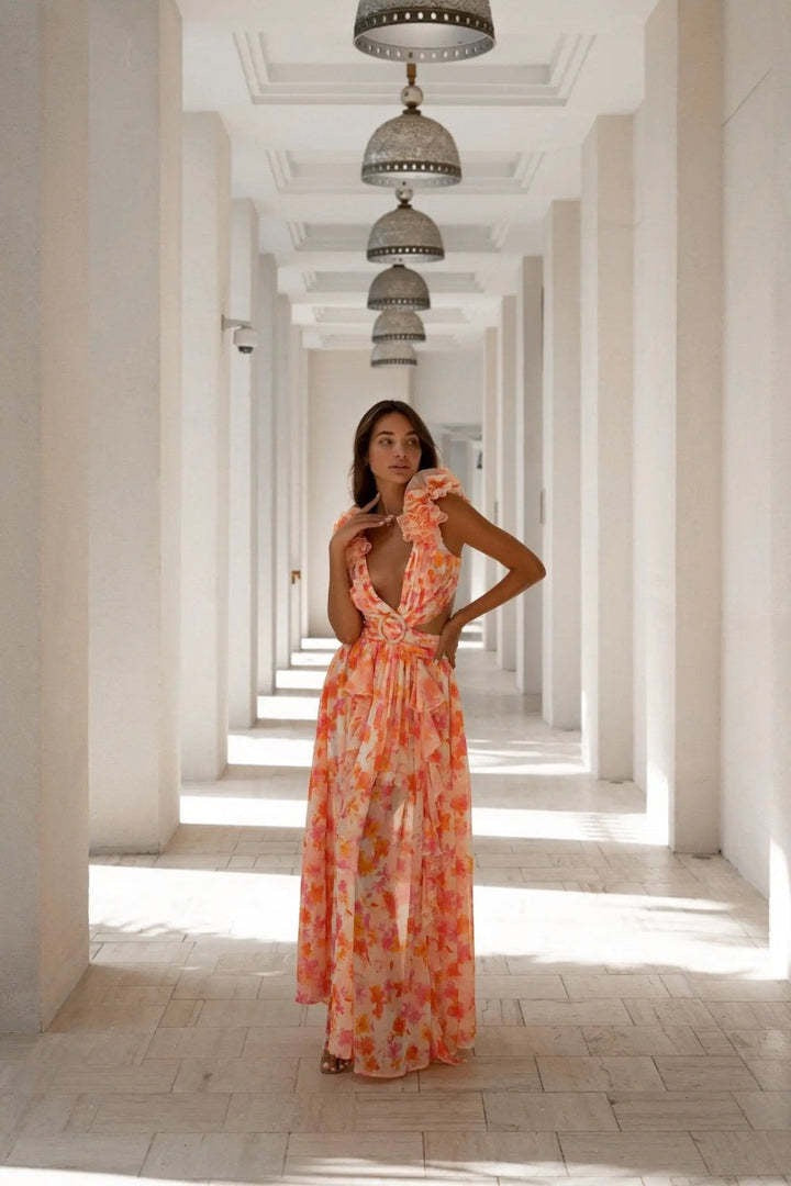 Boho-chic floral ruffle maxi dress with a slit and belt – Hali