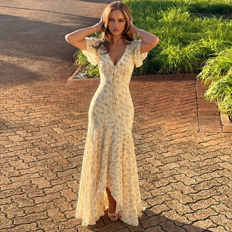 Floral satin maxi dress with lace trim - FLORIE
