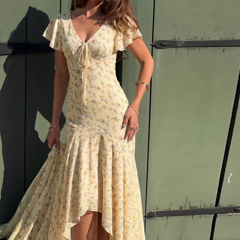 Floral satin maxi dress with lace trim - FLORIE
