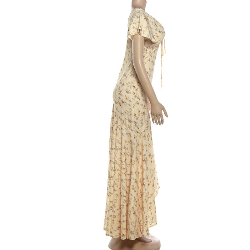 Floral satin maxi dress with lace trim - FLORIE