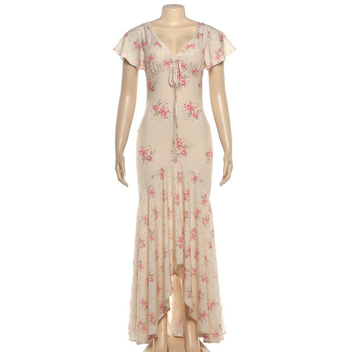 Floral satin maxi dress with lace trim - FLORIE