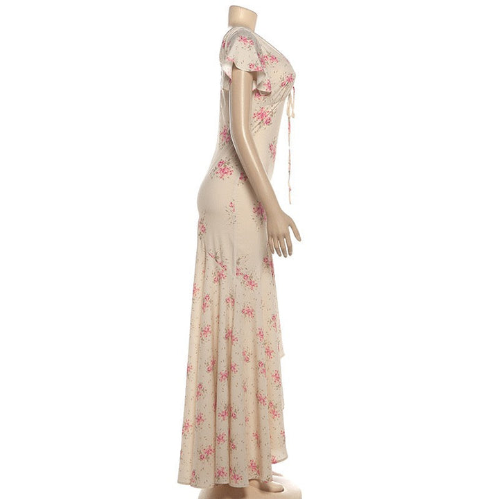 Floral satin maxi dress with lace trim - FLORIE