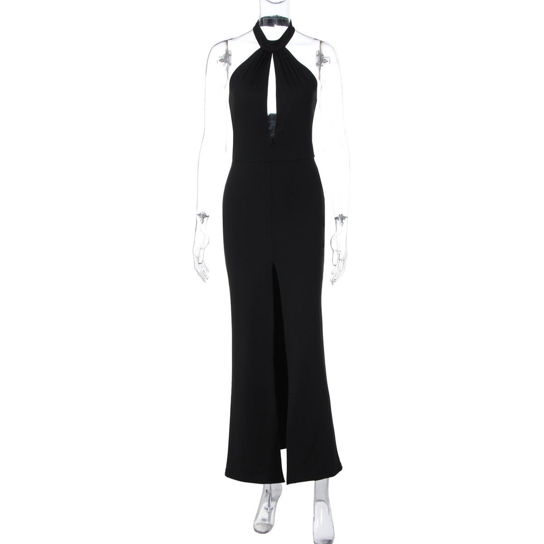 Maxi Dress with Collar, Opening, and Slit Design - LIANA