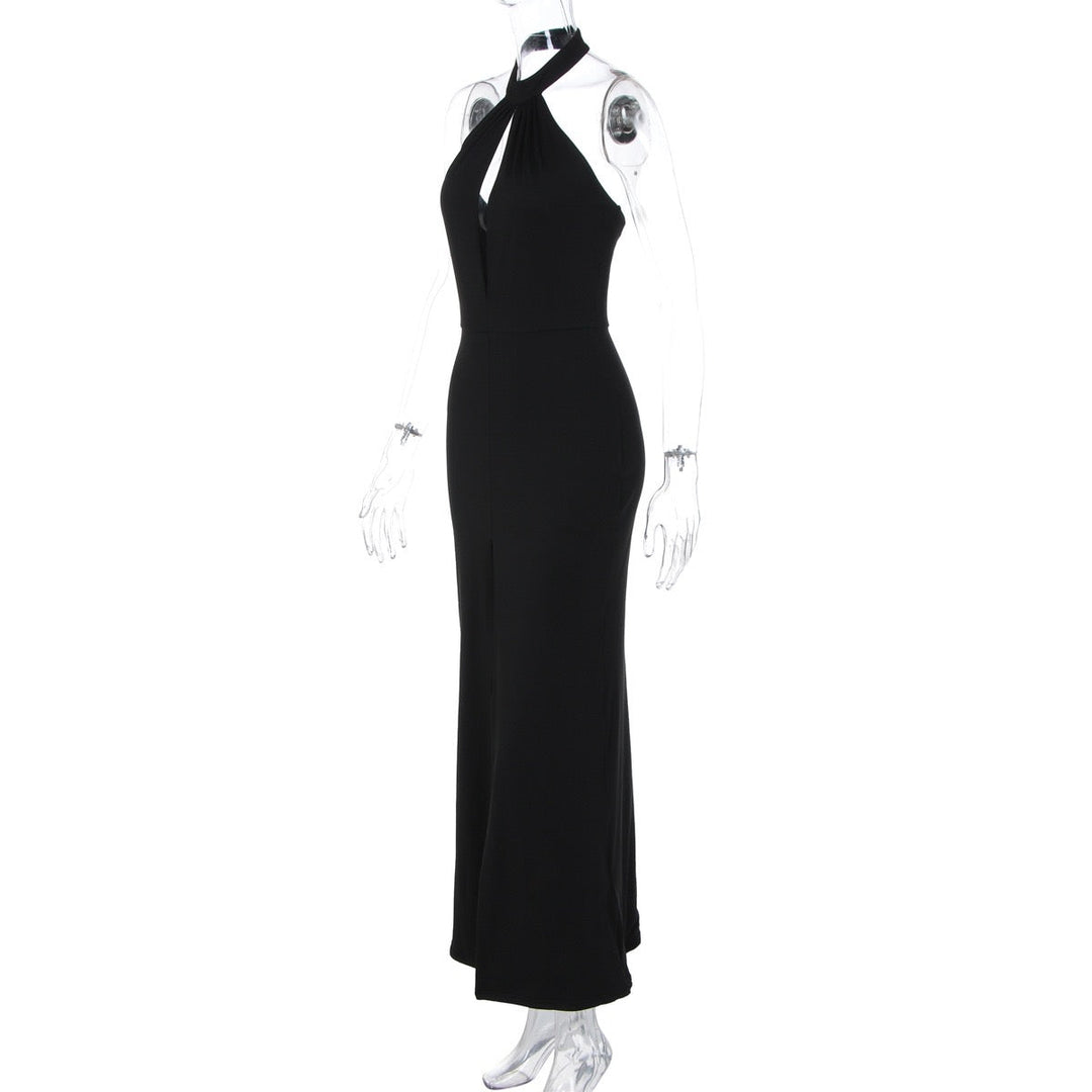 Maxi Dress with Collar, Opening, and Slit Design - LIANA
