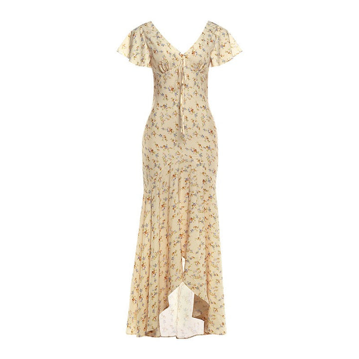 Floral satin maxi dress with lace trim - FLORIE