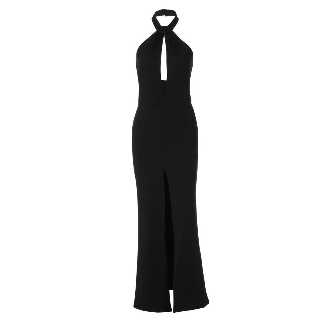 Maxi Dress with Collar, Opening, and Slit Design - LIANA