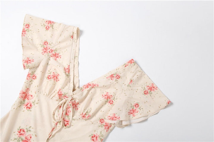 Floral satin maxi dress with lace trim - FLORIE