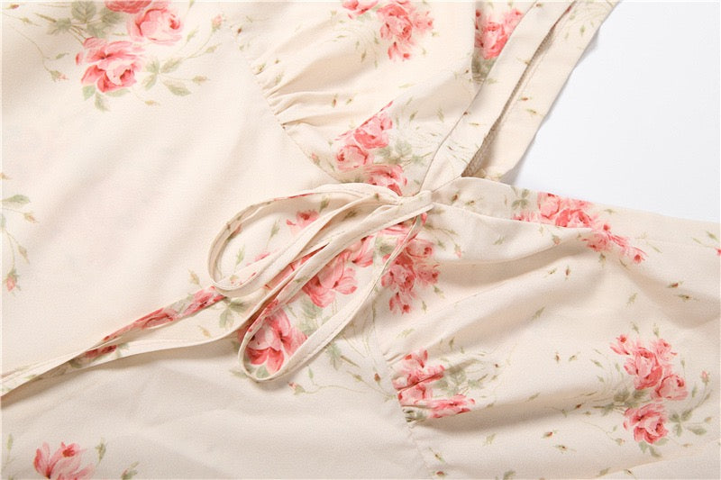 Floral satin maxi dress with lace trim - FLORIE