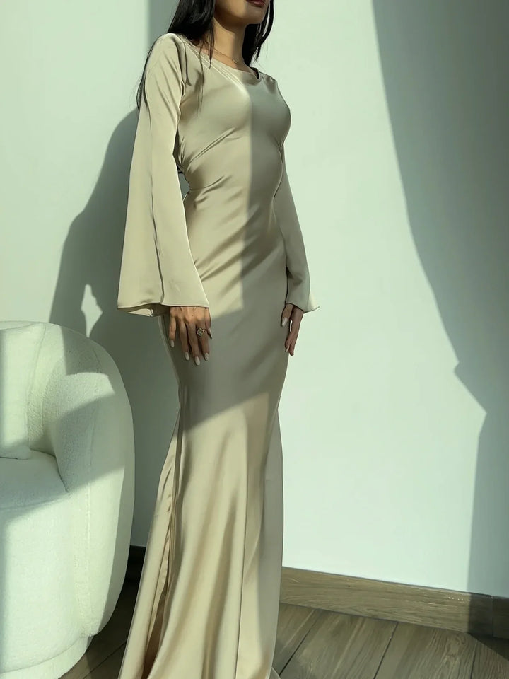 Satin maxi dress with back tie for waist fitting - Odel