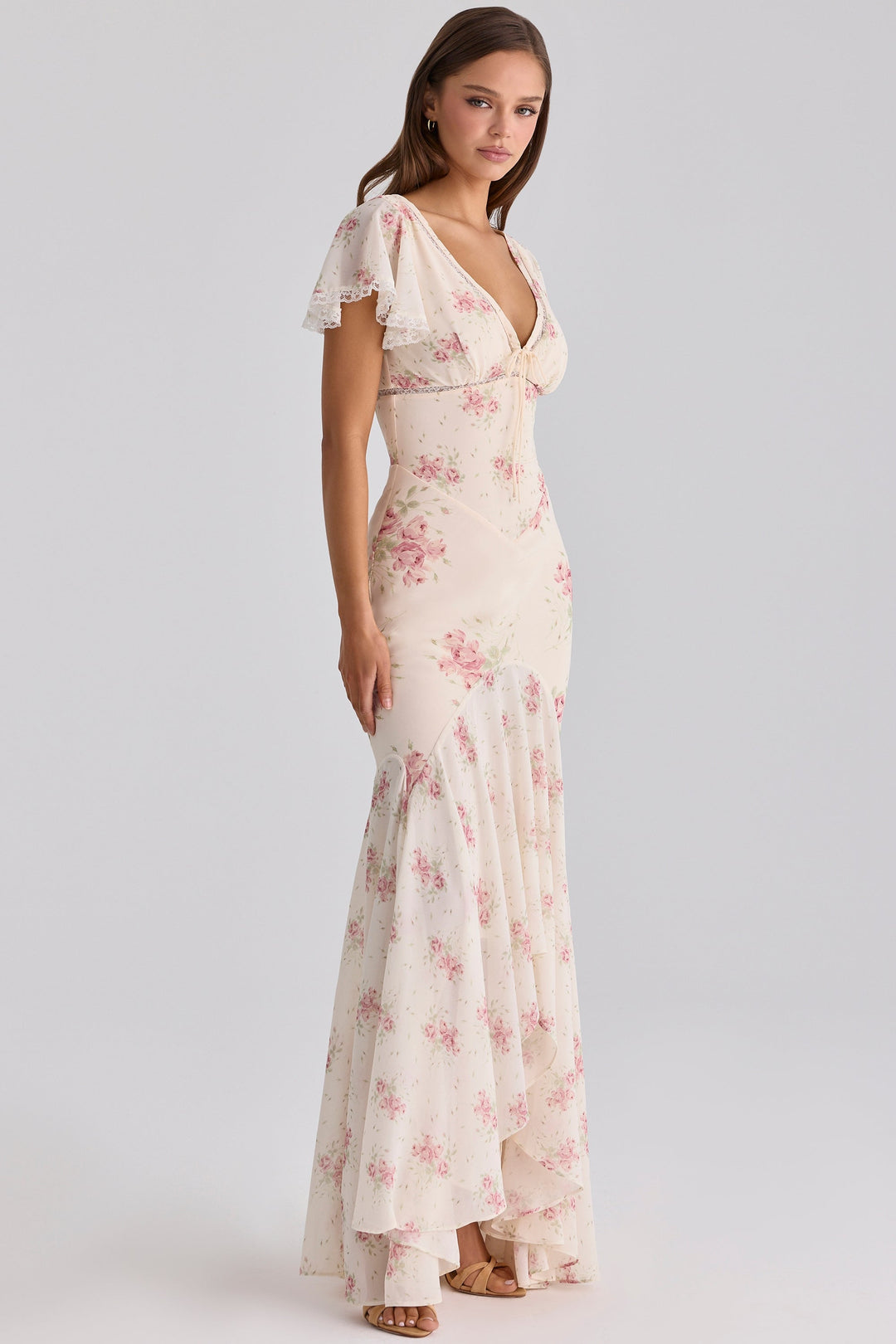 Floral satin maxi dress with lace trim - FLORIE