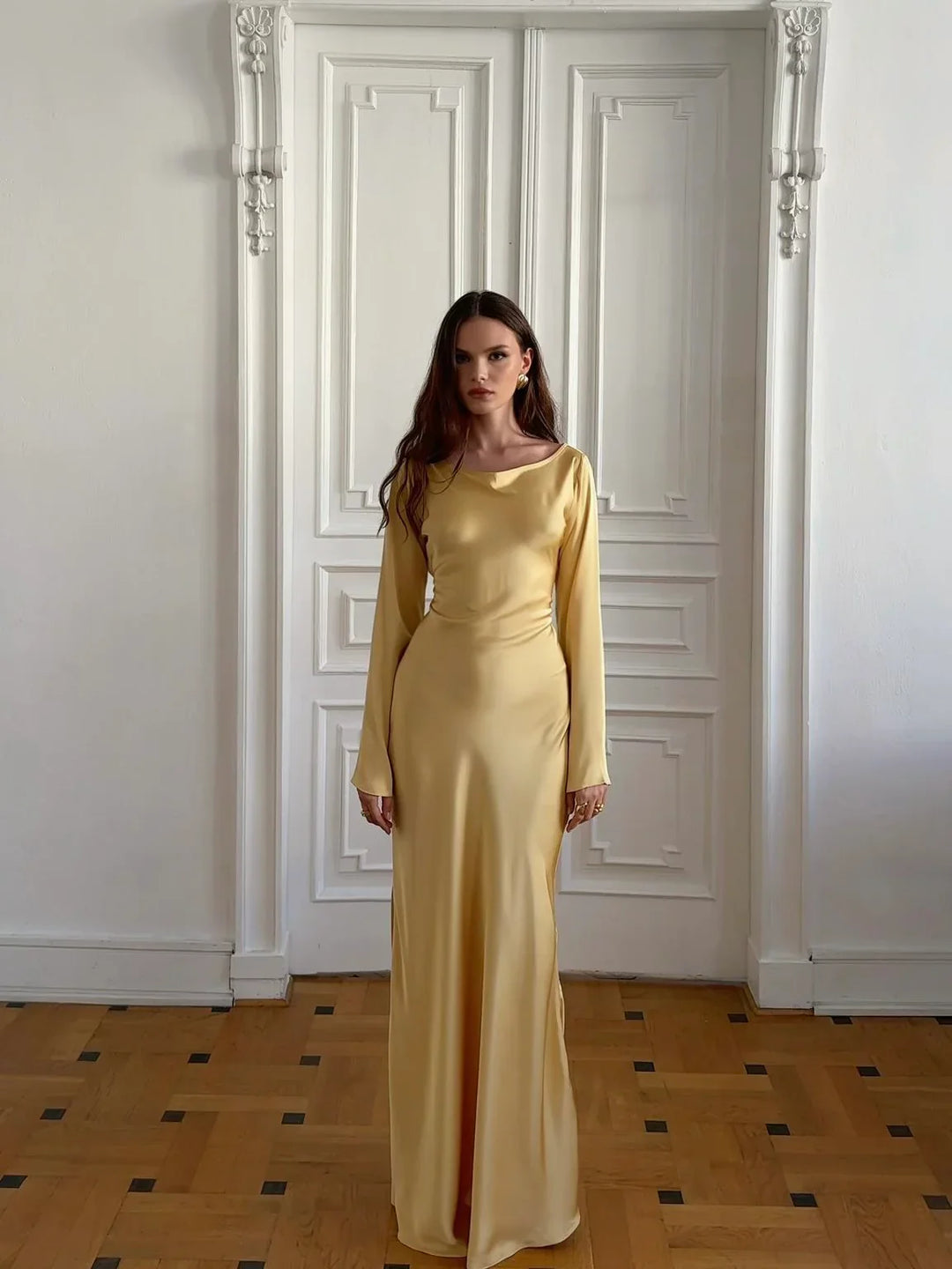 Satin maxi dress with back tie for waist fitting - Odel