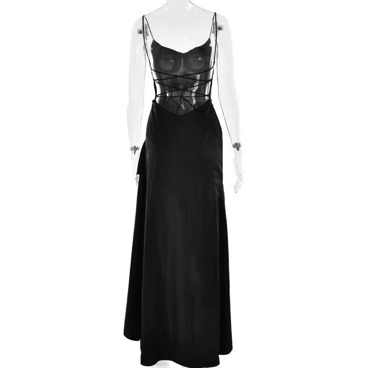 Satin ruffled maxi dress with back ties - Fabiola