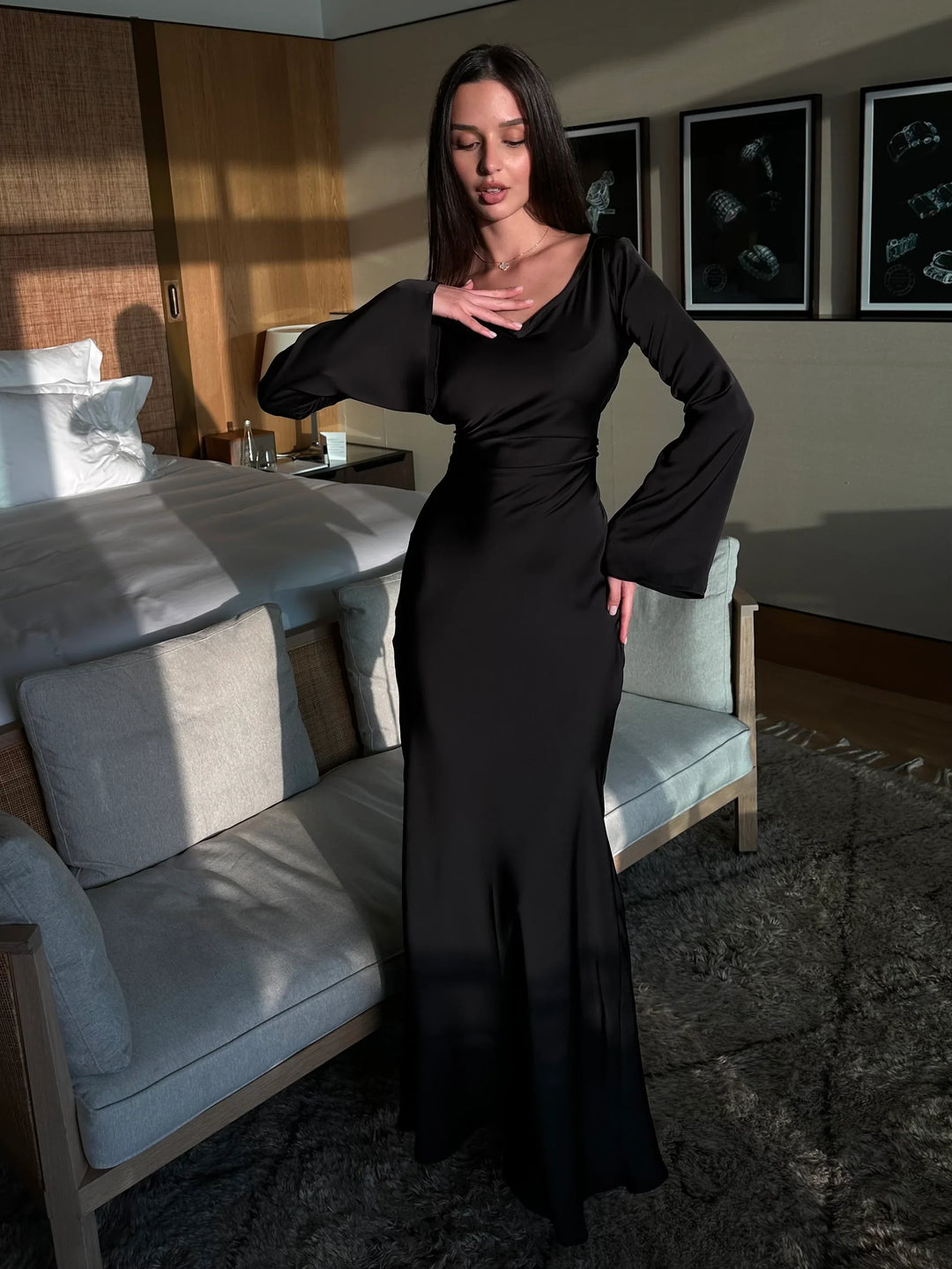 Satin maxi dress with back tie for waist fitting - Odel