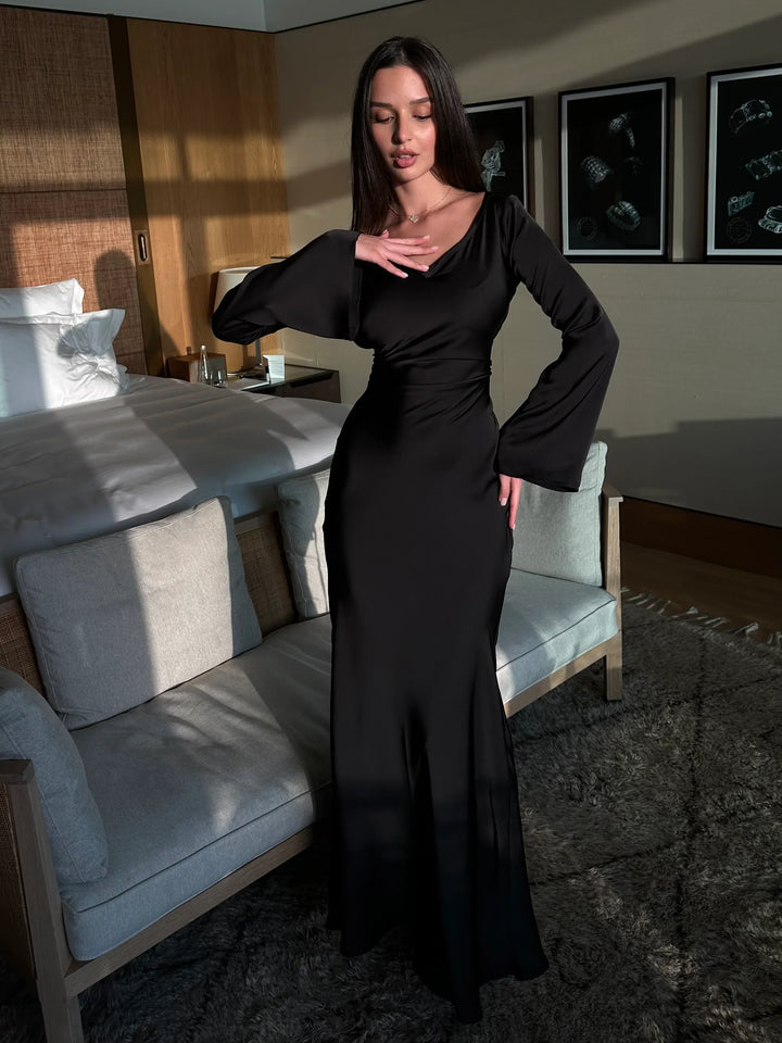 Satin maxi dress with back tie for waist fitting - Odel