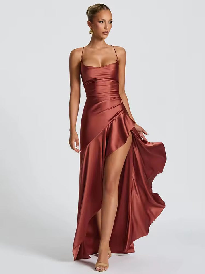 Satin ruffled maxi dress with back ties - Fabiola