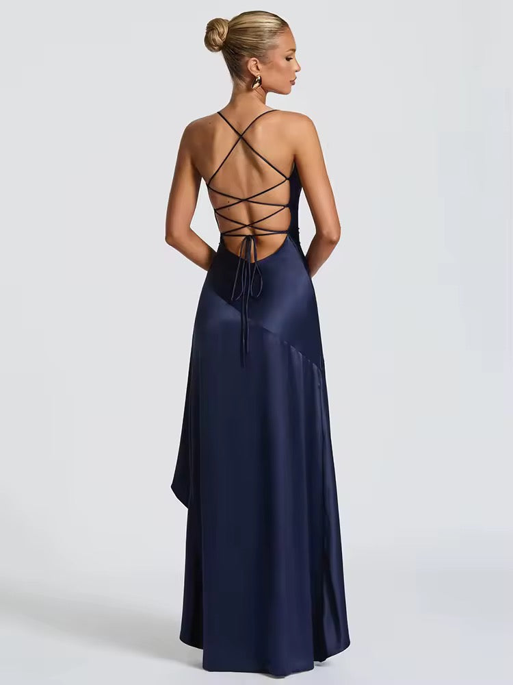 Satin ruffled maxi dress with back ties - Fabiola