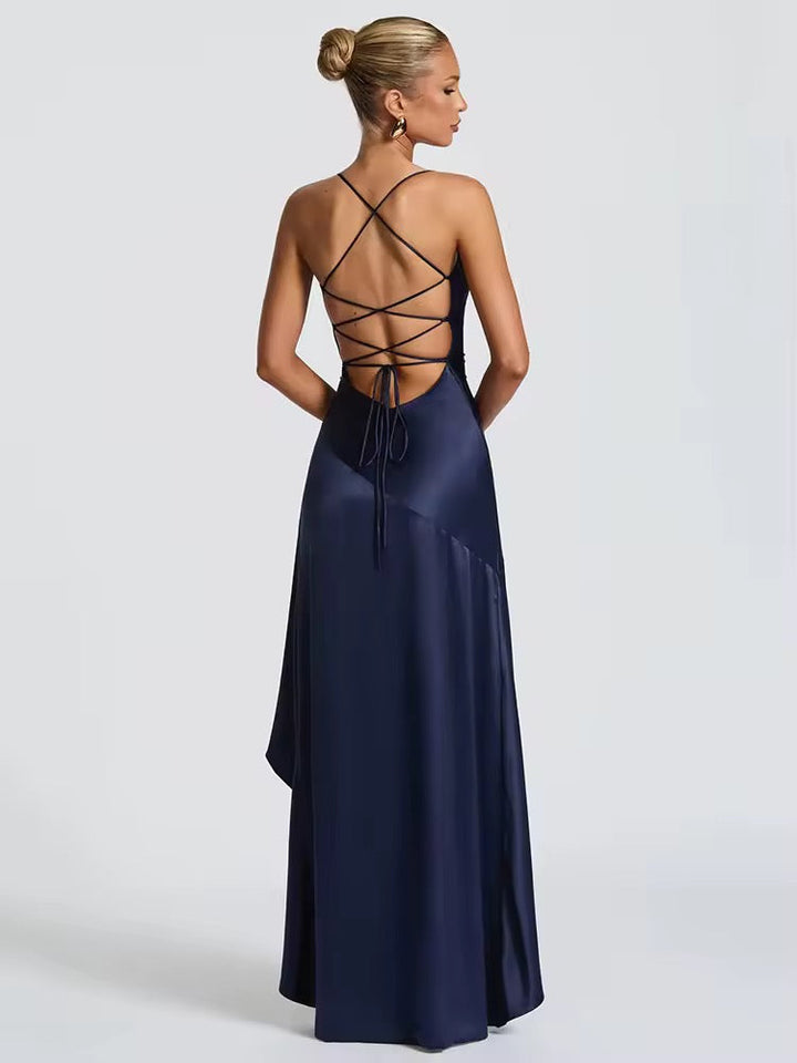Satin ruffled maxi dress with back ties - Fabiola