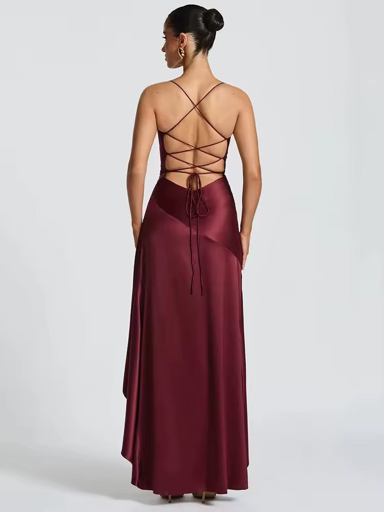 Satin ruffled maxi dress with back ties - Fabiola