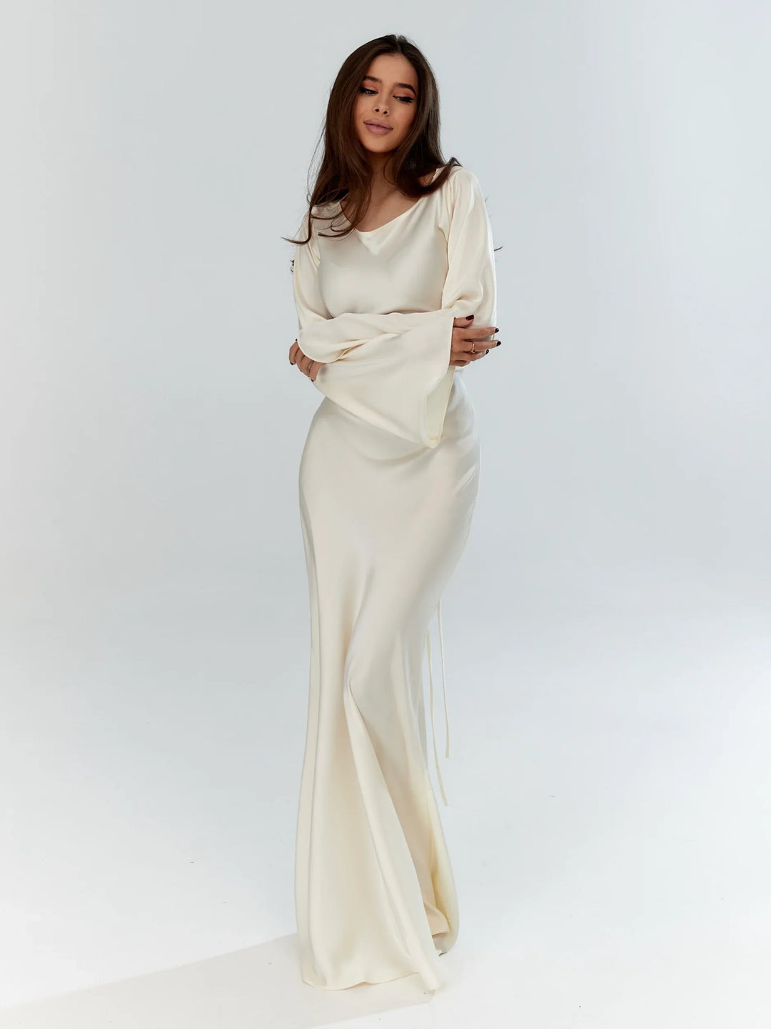 Satin maxi dress with back tie for waist fitting - Odel